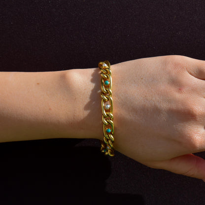 Antique 15ct Yellow Gold Pearl and Turquoise Curb Bracelet | 7.5"