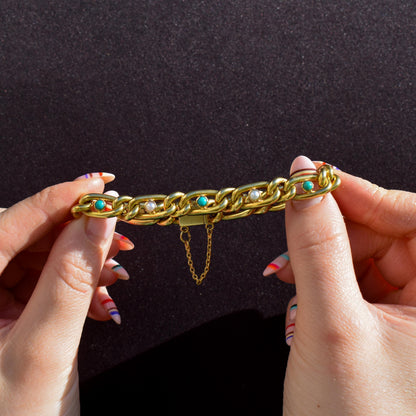 Antique 15ct Yellow Gold Pearl and Turquoise Curb Bracelet | 7.5"
