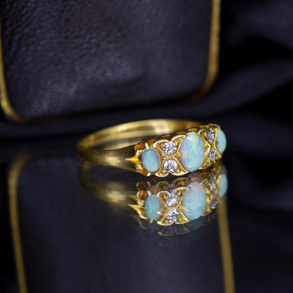 Antique Natural Opal and Diamond 18ct Yellow Gold Three Stone Ring