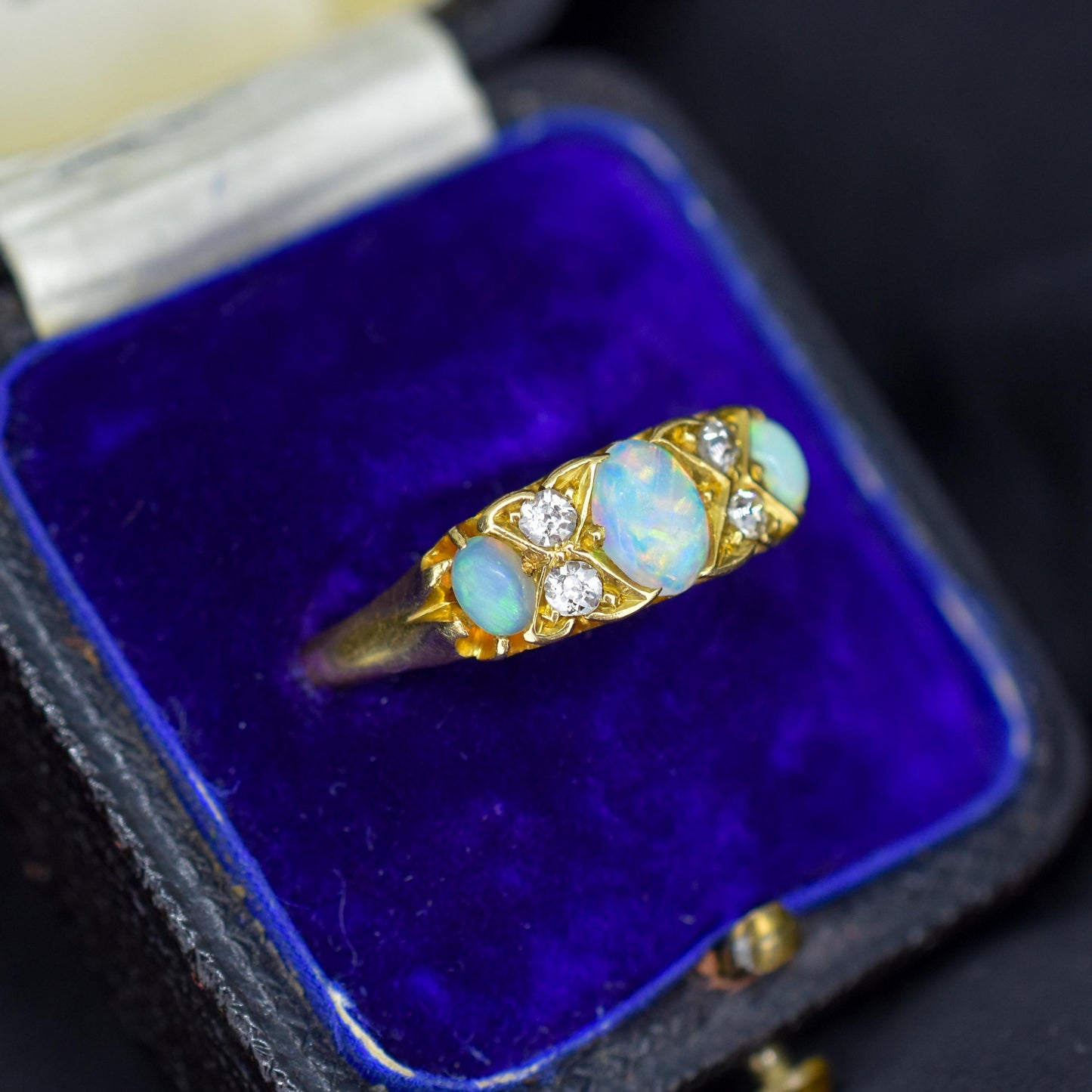 Antique Natural Opal and Diamond 18ct Yellow Gold Three Stone Ring
