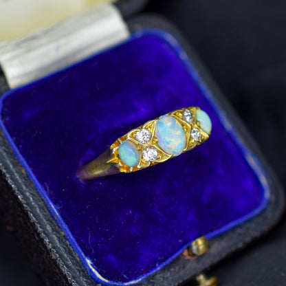 Antique Natural Opal and Diamond 18ct Yellow Gold Three Stone Ring