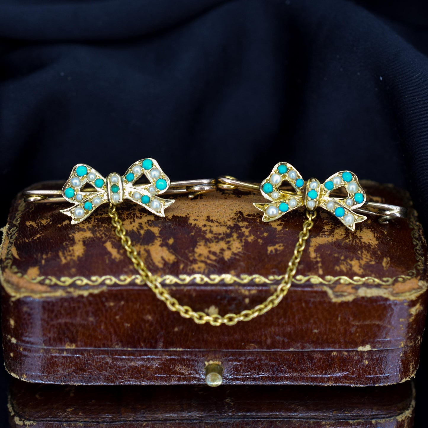 Antique Turquoise and Pearl 15ct Gold Double Collar Brooch Pin