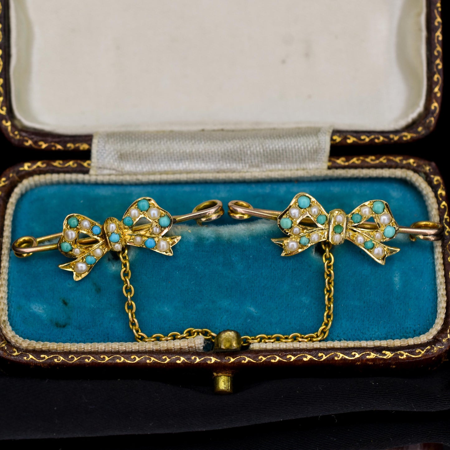 Antique Turquoise and Pearl 15ct Gold Double Collar Brooch Pin