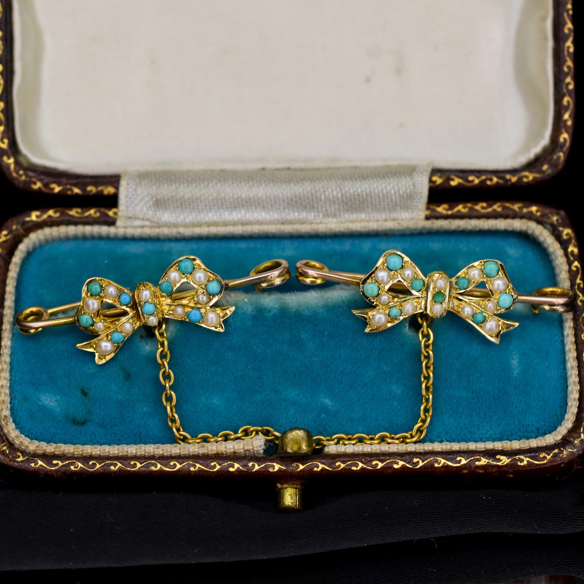 Antique Turquoise and Pearl 15ct Gold Double Collar Brooch Pin