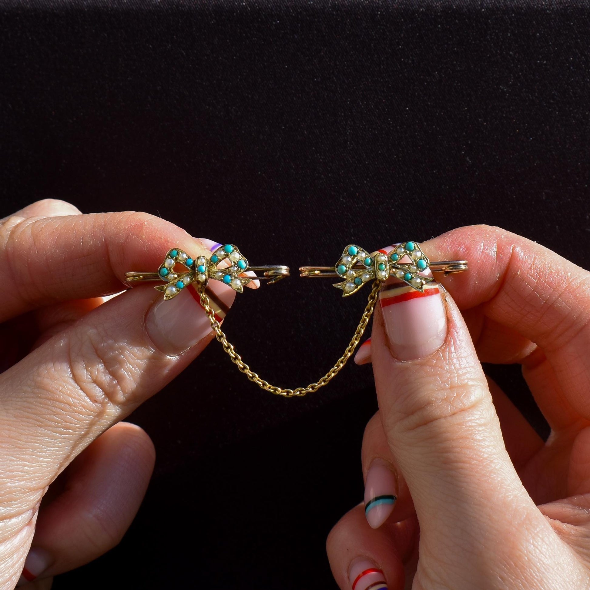 Antique Turquoise and Pearl 15ct Gold Double Collar Brooch Pin