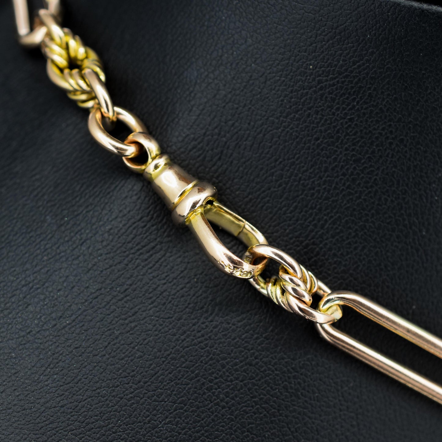 Antique '1903' 9ct Gold Trombone and Love Knot Link Albert Chain Necklace | 13.5"