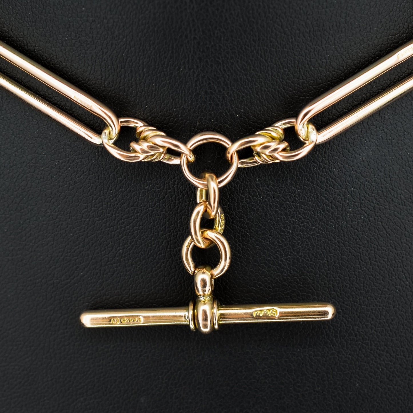 Antique '1903' 9ct Gold Trombone and Love Knot Link Albert Chain Necklace | 13.5"
