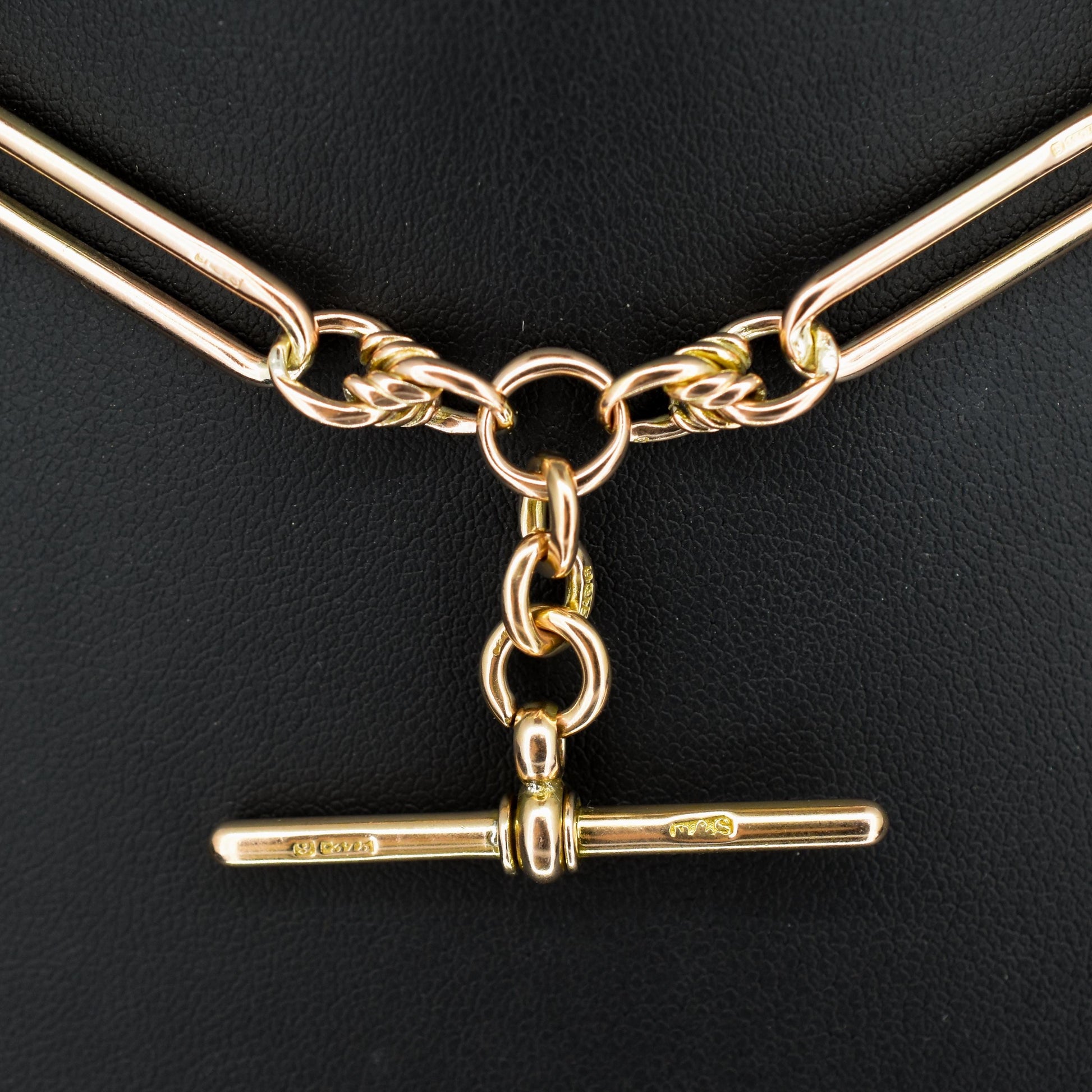 Antique '1903' 9ct Gold Trombone and Love Knot Link Albert Chain Necklace | 13.5"