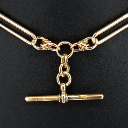 Antique '1903' 9ct Gold Trombone and Love Knot Link Albert Chain Necklace | 13.5"