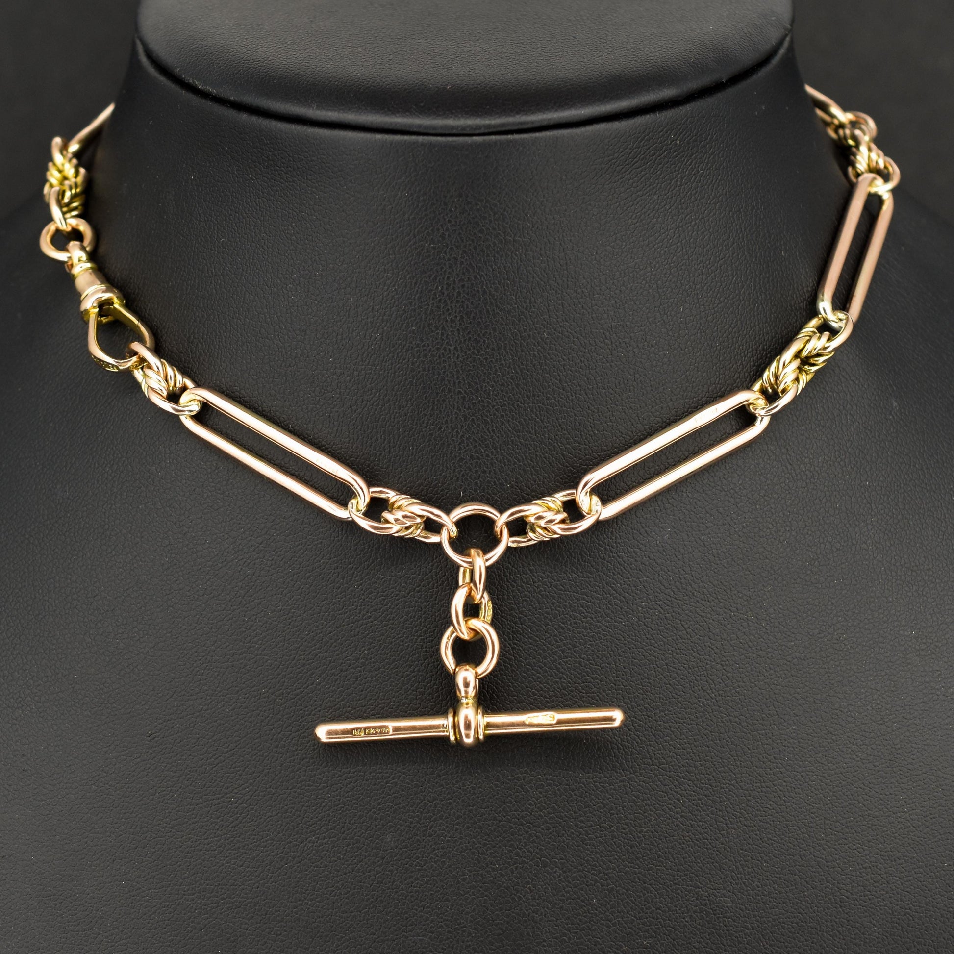 Antique '1903' 9ct Gold Trombone and Love Knot Link Albert Chain Necklace | 13.5"