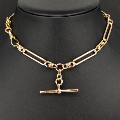 Antique '1903' 9ct Gold Trombone and Love Knot Link Albert Chain Necklace | 13.5"