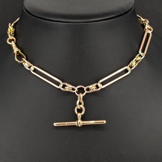 Antique '1903' 9ct Gold Trombone and Love Knot Link Albert Chain Necklace | 13.5"