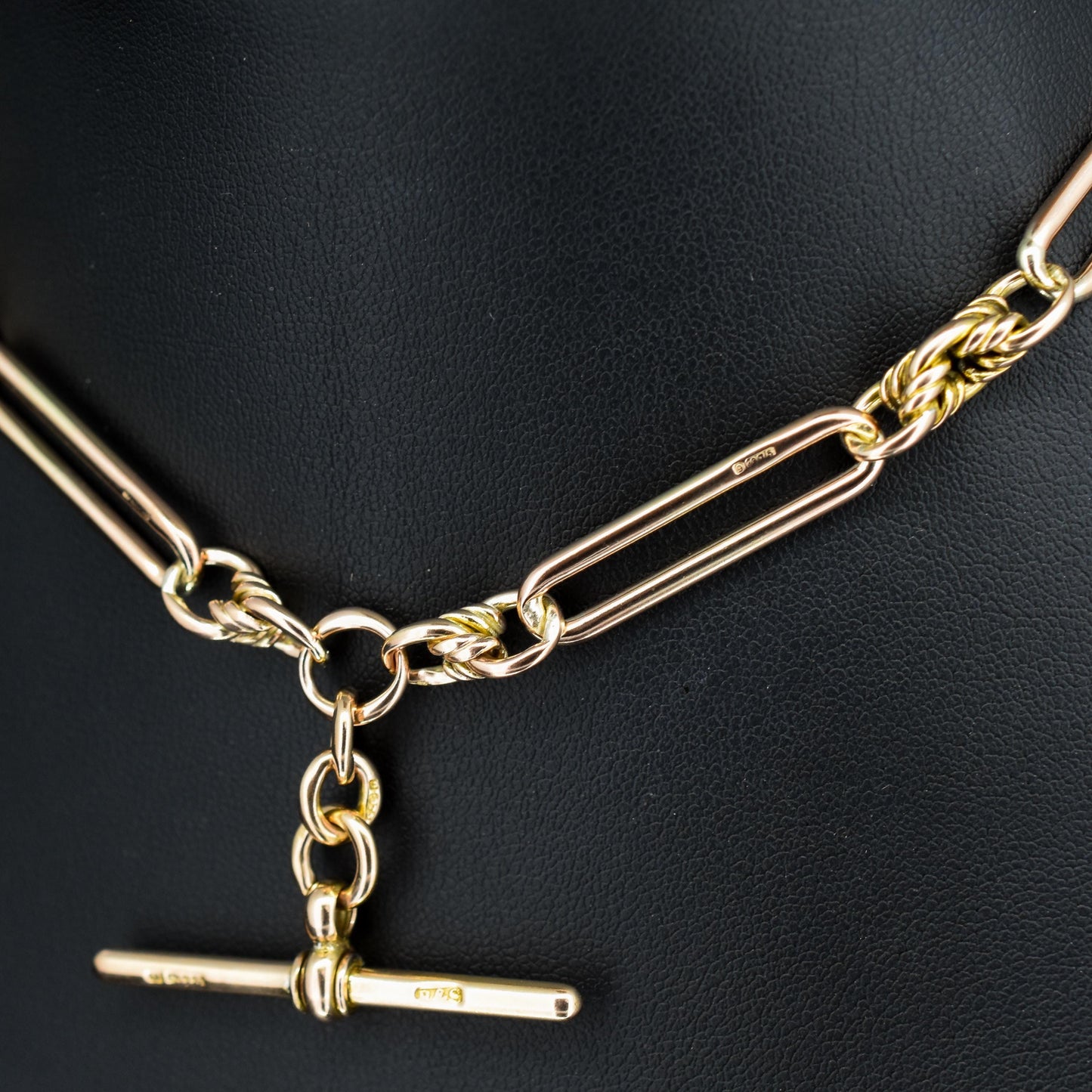 Antique '1903' 9ct Gold Trombone and Love Knot Link Albert Chain Necklace | 13.5"