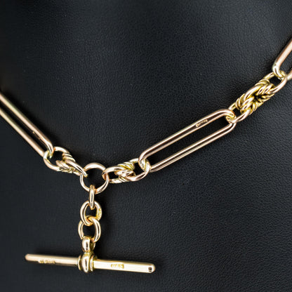 Antique '1903' 9ct Gold Trombone and Love Knot Link Albert Chain Necklace | 13.5"