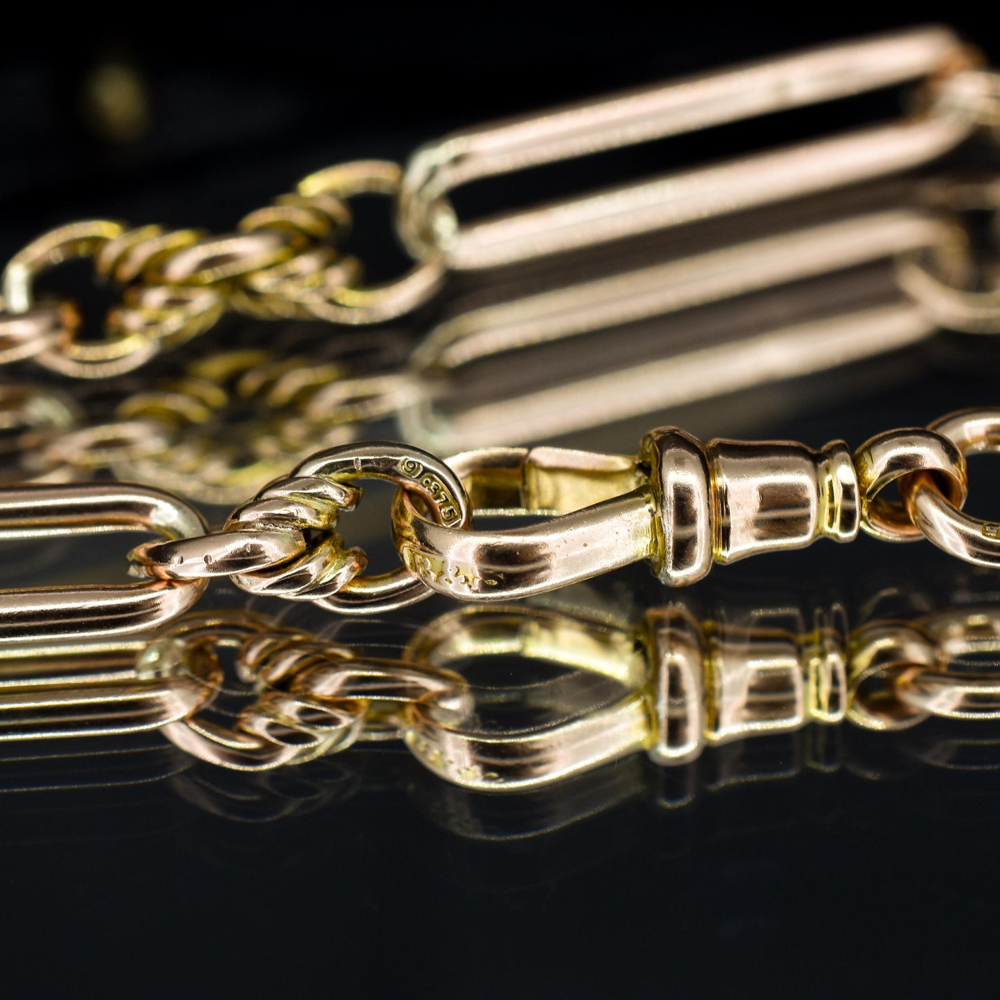 Antique '1903' 9ct Gold Trombone and Love Knot Link Albert Chain Necklace | 13.5"