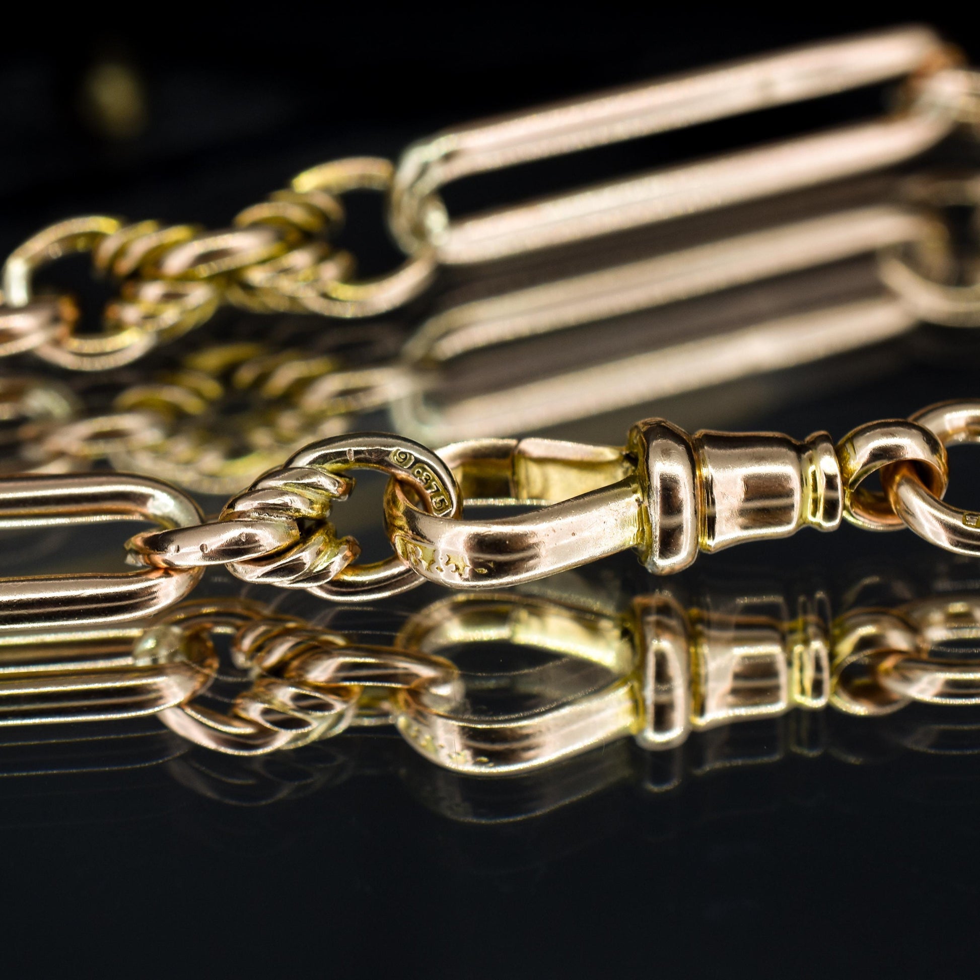 Antique '1903' 9ct Gold Trombone and Love Knot Link Albert Chain Necklace | 13.5"