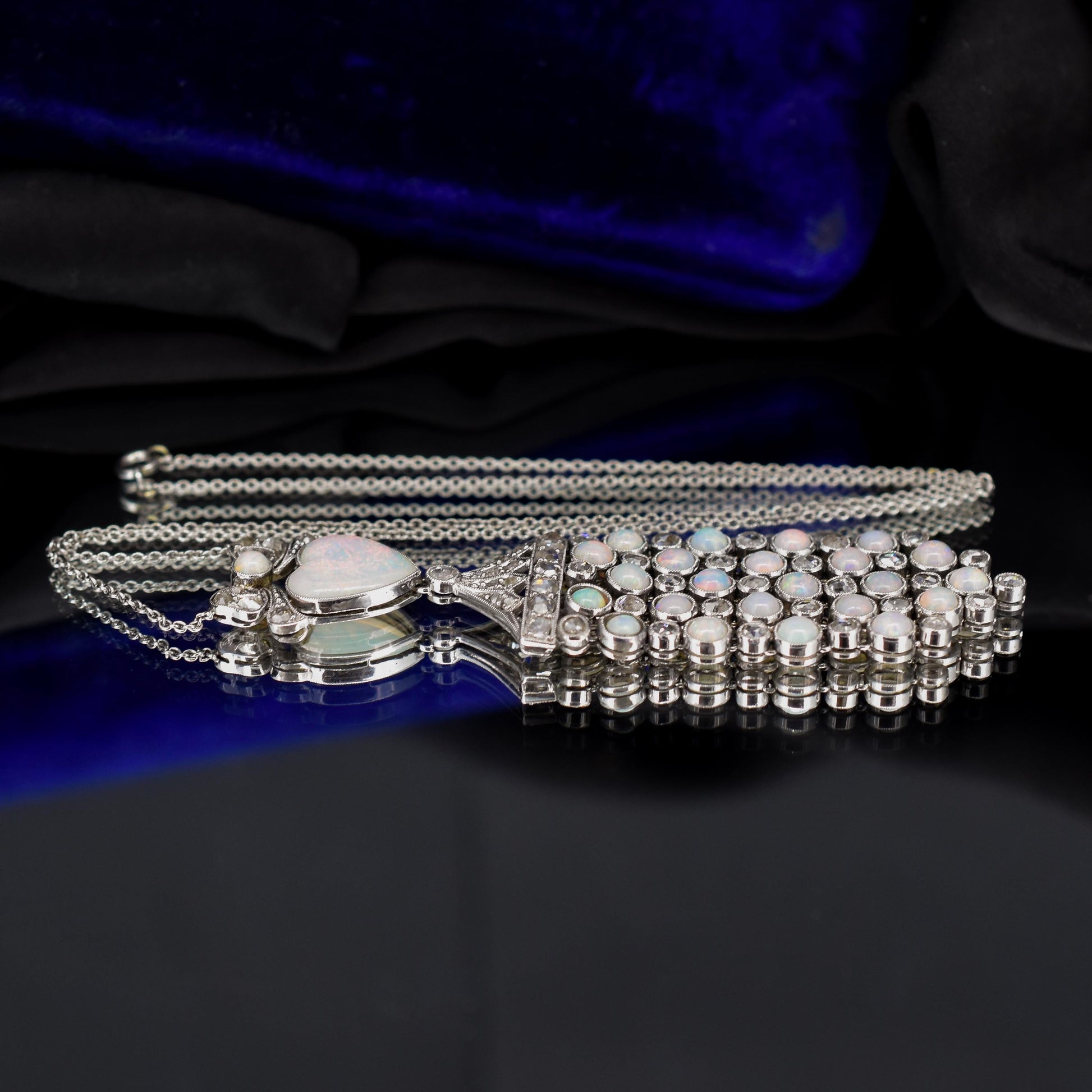 Art Deco Opal Heart and Diamond 18ct White Gold and Platinum Pendant Necklace | 16"
