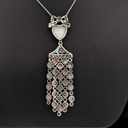 Art Deco Opal Heart and Diamond 18ct White Gold and Platinum Pendant Necklace | 16"