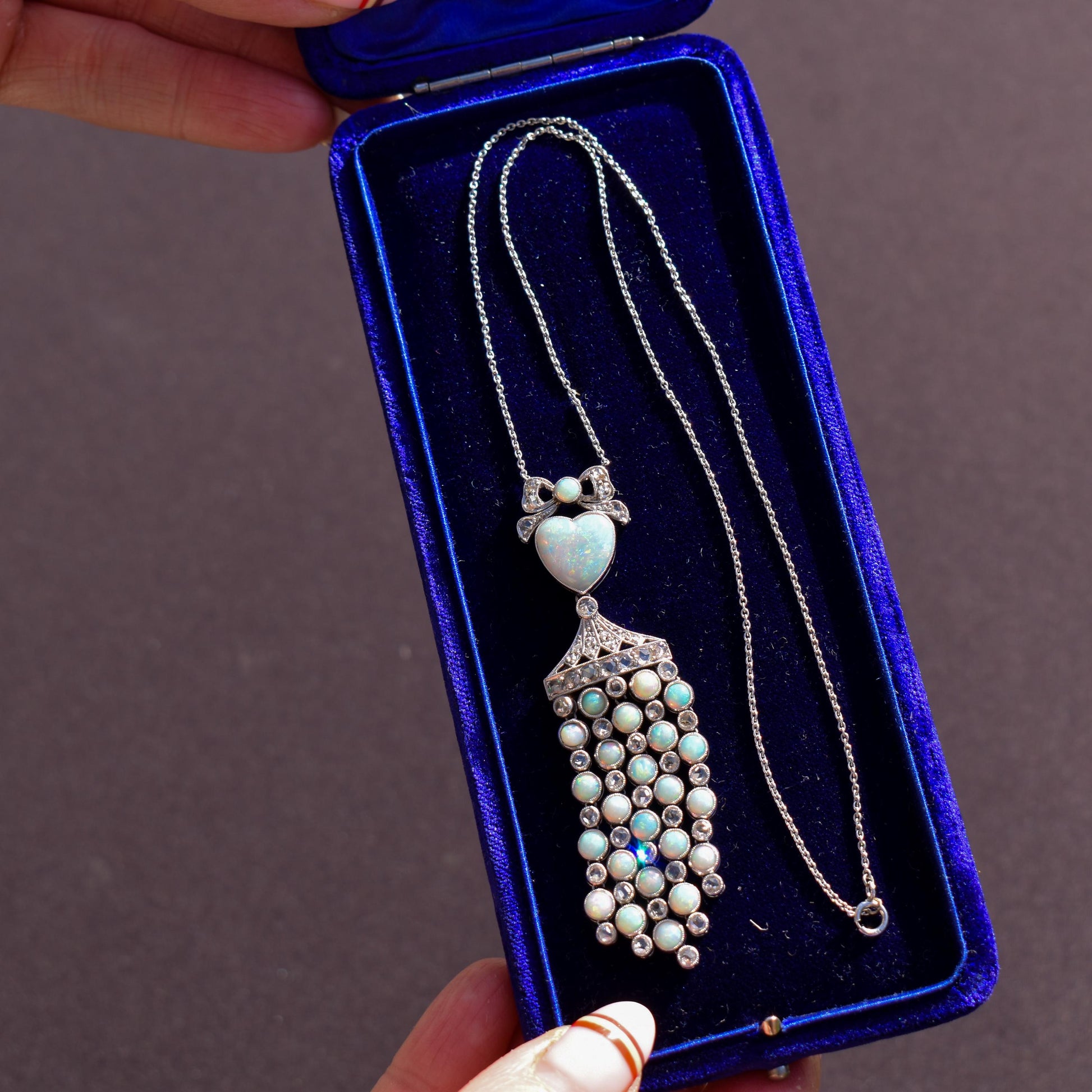 Art Deco Opal Heart and Diamond 18ct White Gold and Platinum Pendant Necklace | 16"