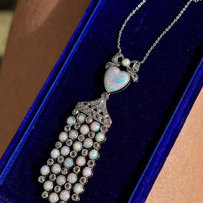 Art Deco Opal Heart and Diamond 18ct White Gold and Platinum Pendant Necklace | 16"