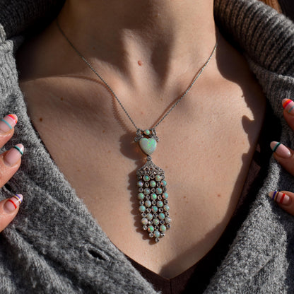 Art Deco Opal Heart and Diamond 18ct White Gold and Platinum Pendant Necklace | 16"