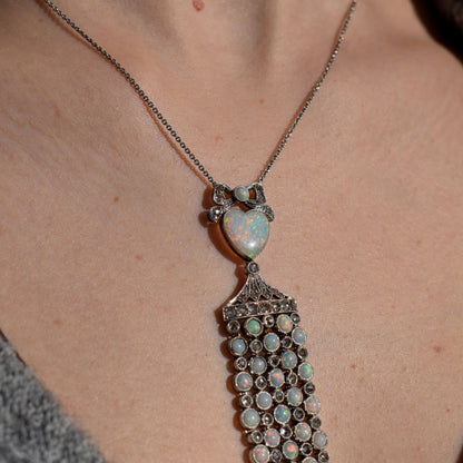 Art Deco Opal Heart and Diamond 18ct White Gold and Platinum Pendant Necklace | 16"