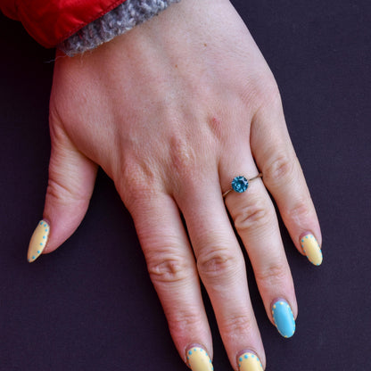 Vintage Blue Zircon Round Solitaire 9ct Gold Ring | Art Deco