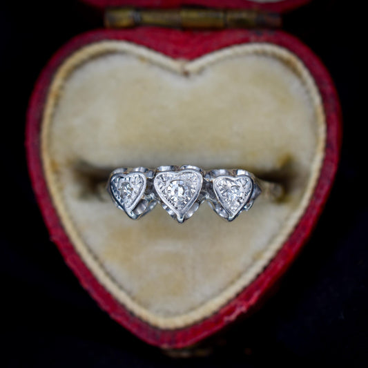 Antique Diamond Heart Three Stone Trilogy 18ct Gold and Platinum Ring