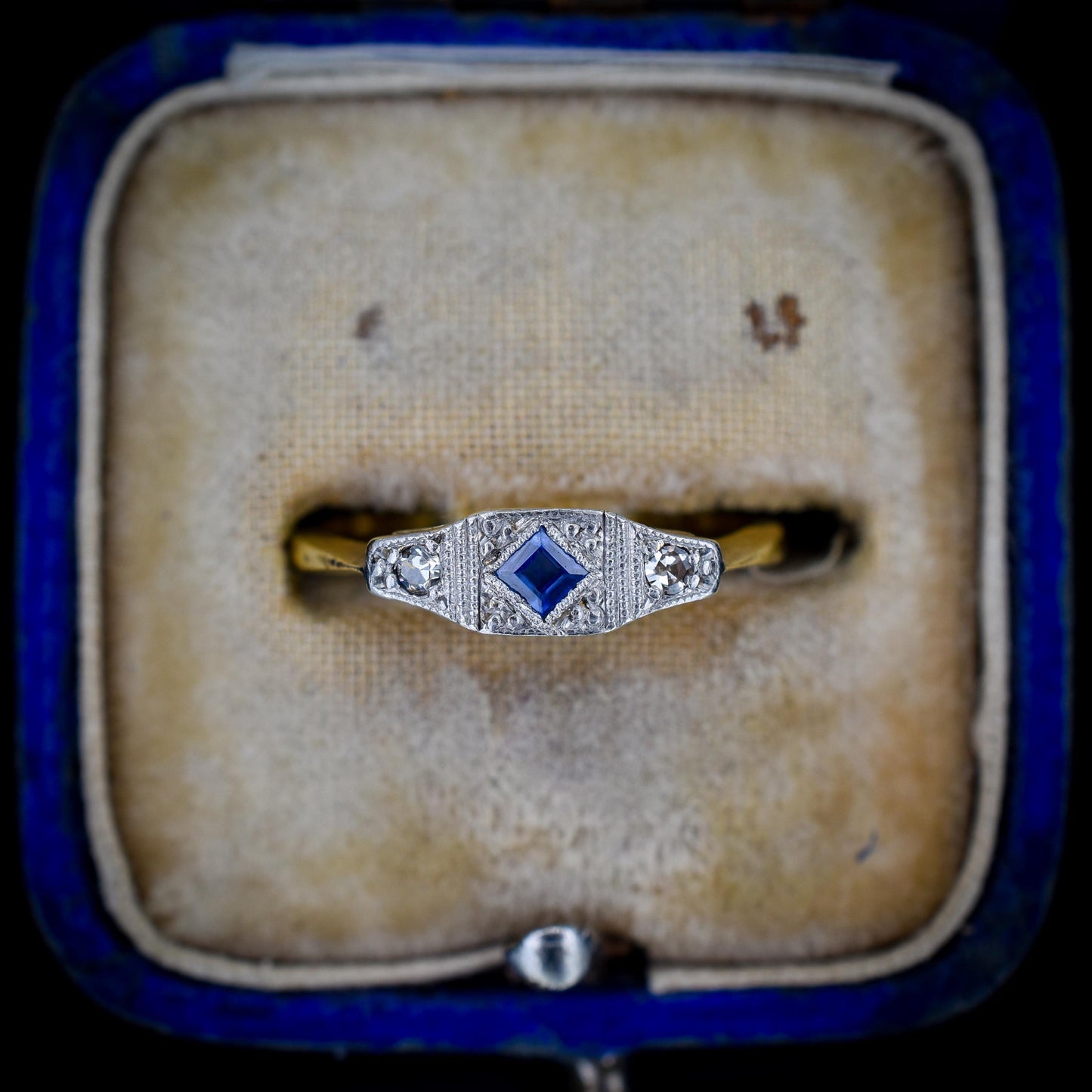 Art Deco Blue Sapphire and Diamond 18ct Yellow Gold and Platinum Ring