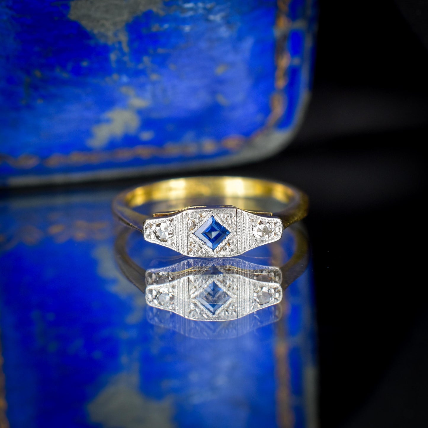 Art Deco Blue Sapphire and Diamond 18ct Yellow Gold and Platinum Ring