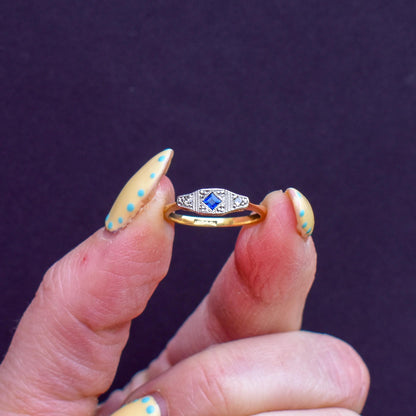 Art Deco Blue Sapphire and Diamond 18ct Yellow Gold and Platinum Ring