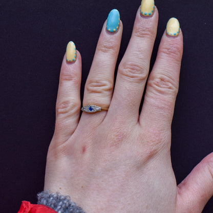 Art Deco Blue Sapphire and Diamond 18ct Yellow Gold and Platinum Ring