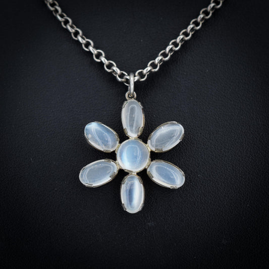 Antique Moonstone Sterling Silver Floral Drop Pendant Necklace | 23"