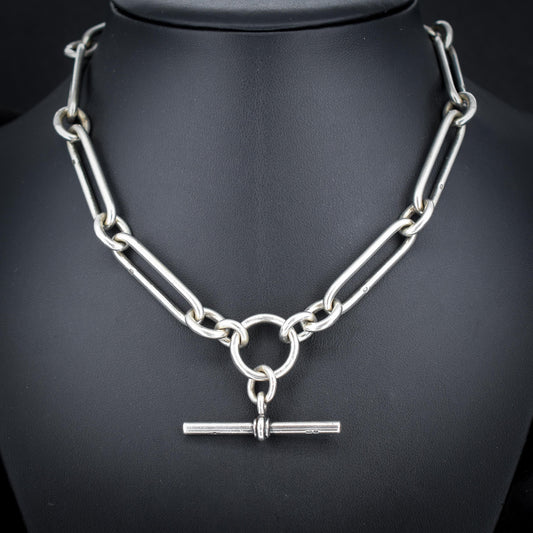 Antique Sterling Silver Chunky Trombone Chain with Dog Clips and T Bar | 15.25"