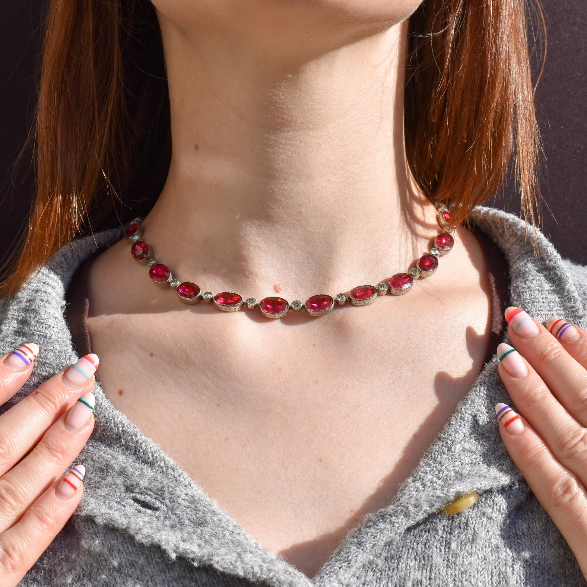 Vintage Pink Paste Bezel Set Riviere Necklace | Art Deco