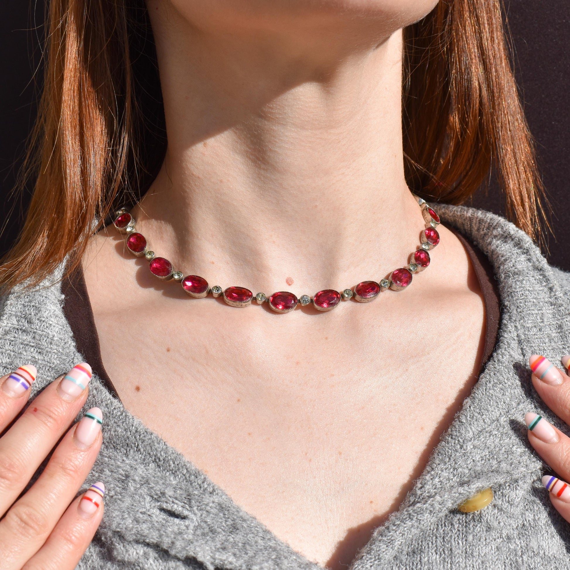 Vintage Pink Paste Bezel Set Riviere Necklace | Art Deco