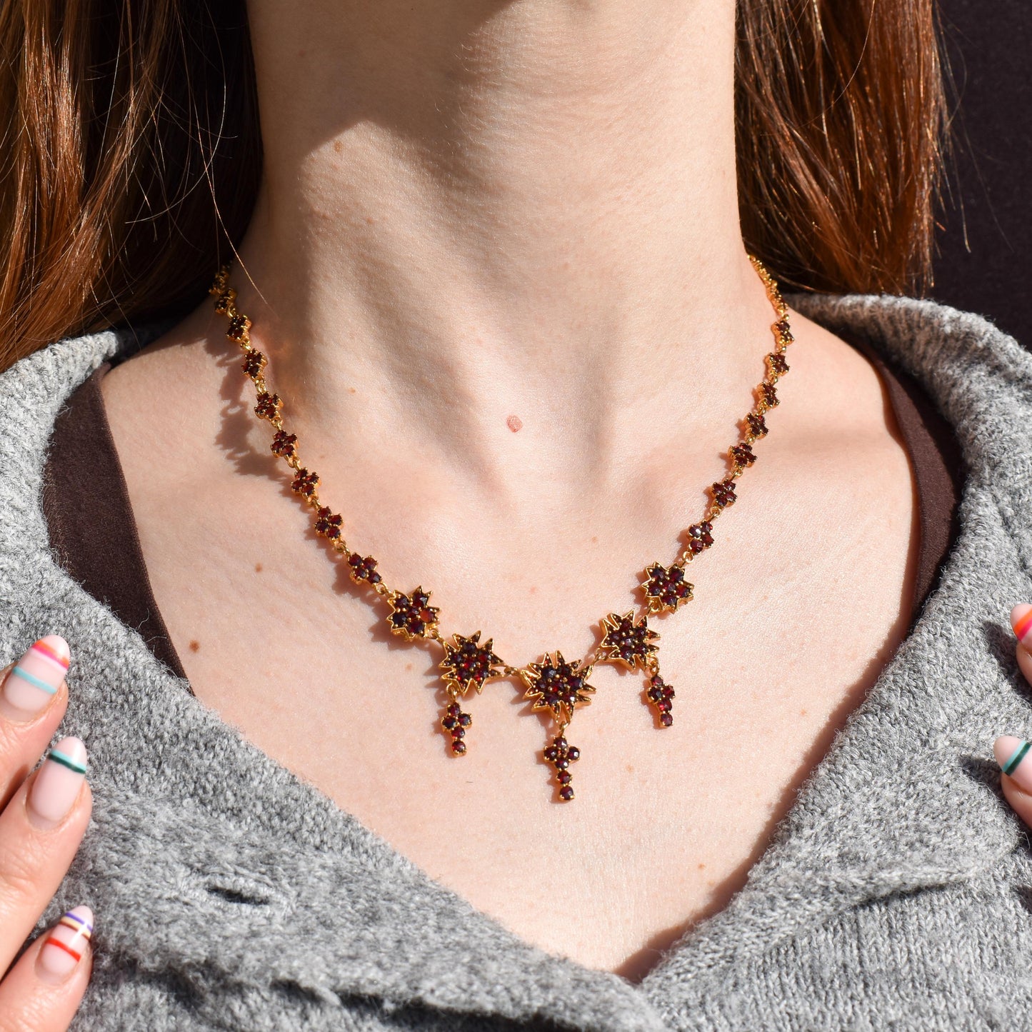 Antique 17.5" Victorian Bohemian Garnet Fringe Drop Necklace