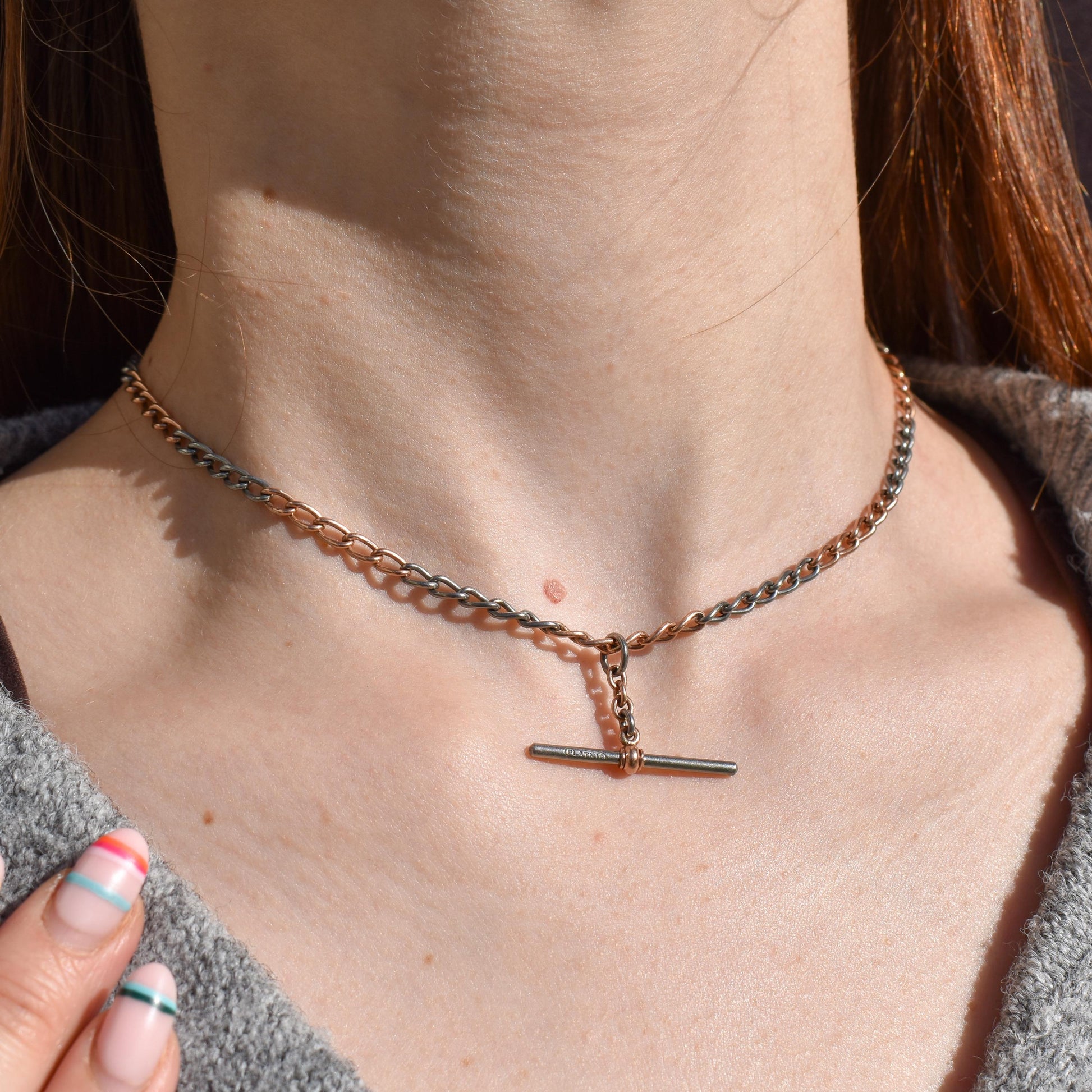 Antique 9ct Gold and Platinum-niobium Curb Link Chain Necklace 15"