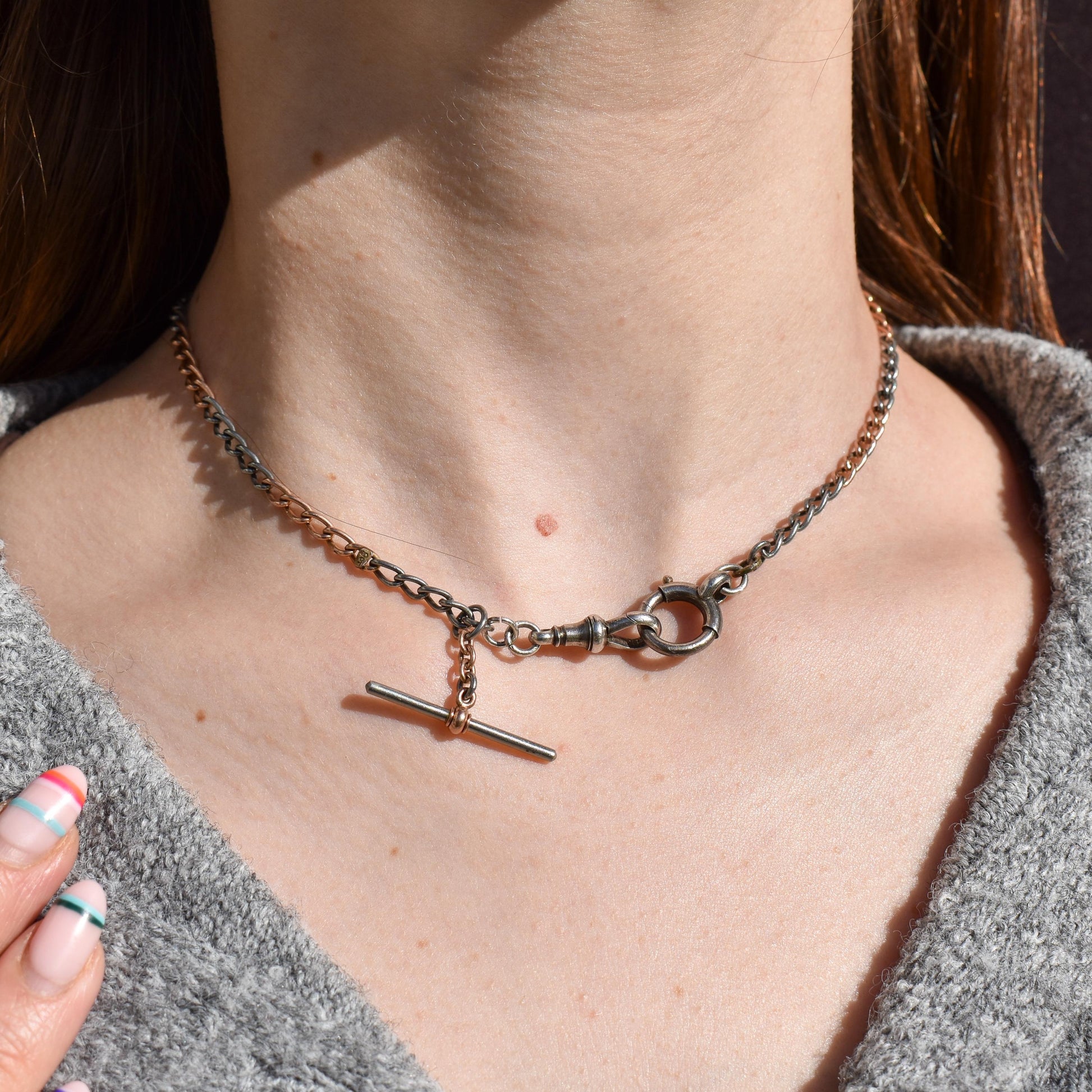 Antique 9ct Gold and Platinum-niobium Curb Link Chain Necklace 15"