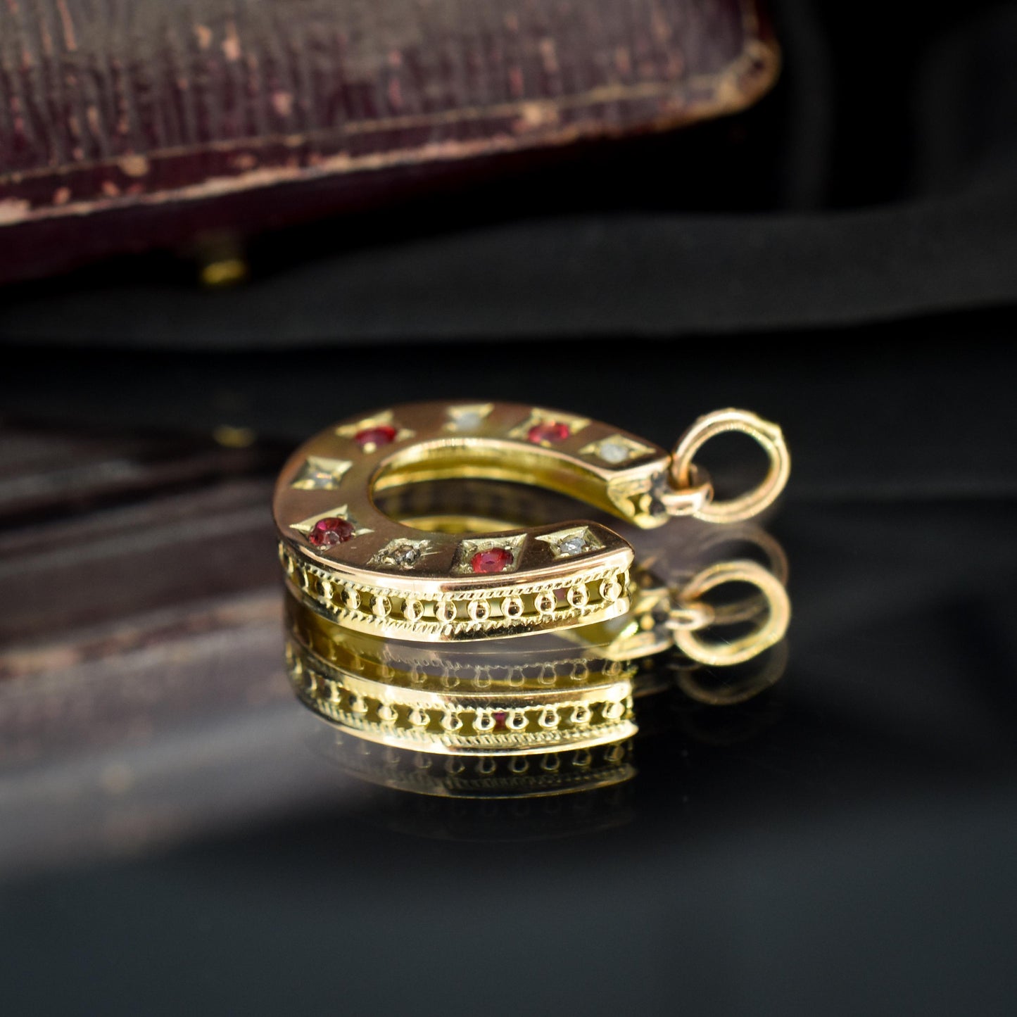 Antique Victorian Garnet and Diamond 9ct Gold Horseshoe Charm