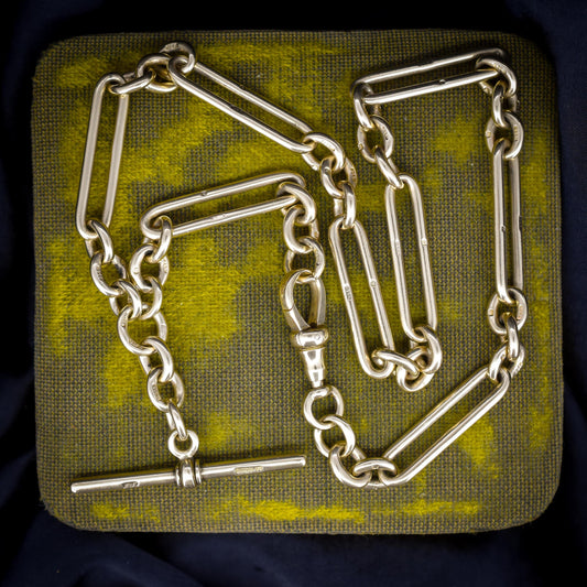 Antique 9ct Yellow Gold Trombone and Oval Link Albert Chain Necklace | 15.75"