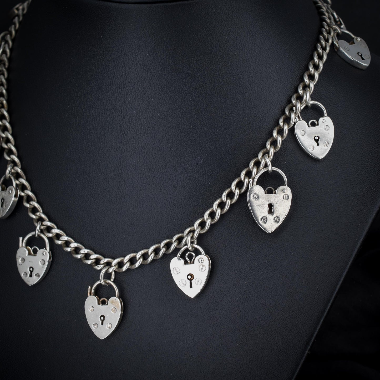 Vintage Heart Padlock Curb Link Sterling Silver Chain Necklace | 15.75"