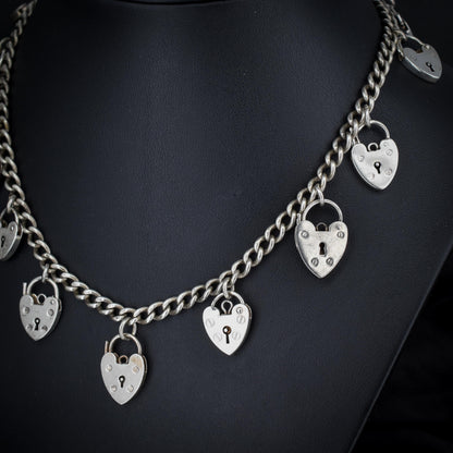 Vintage Heart Padlock Curb Link Sterling Silver Chain Necklace | 15.75"