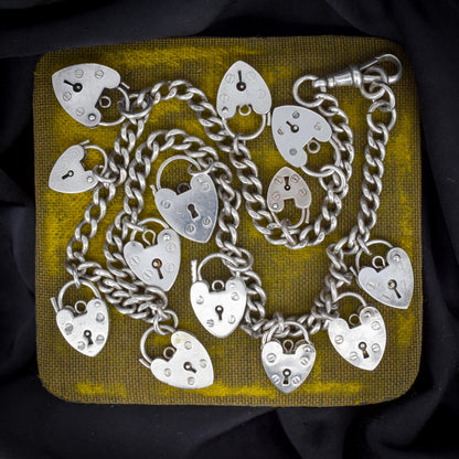 Vintage Heart Padlock Curb Link Sterling Silver Chain Necklace | 15.75"