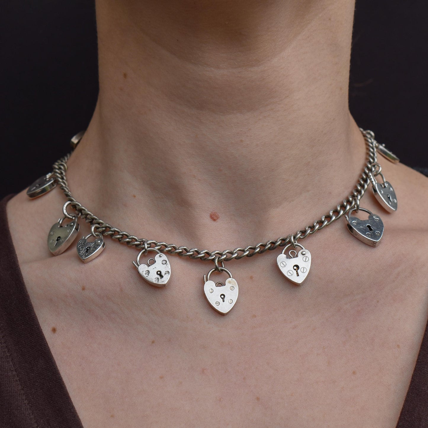 Vintage Heart Padlock Curb Link Sterling Silver Chain Necklace | 15.75"