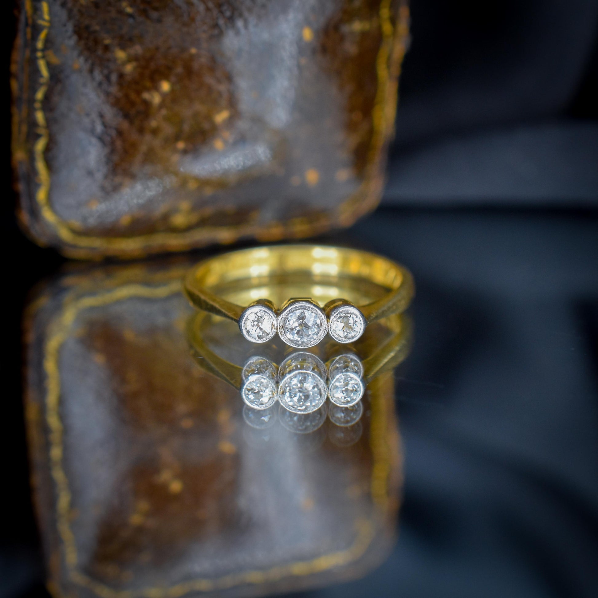 Antique Old Cut Diamond Bezel Set Three Stone 18ct Yellow Gold Ring