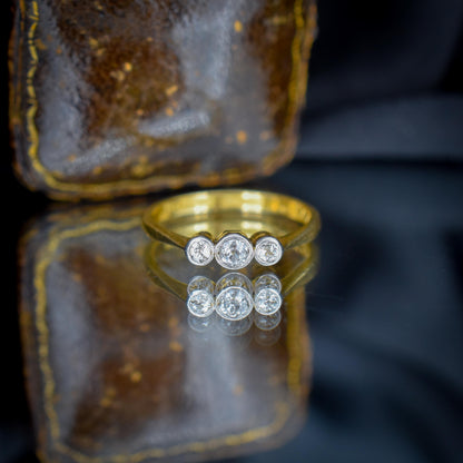 Antique Old Cut Diamond Bezel Set Three Stone 18ct Yellow Gold Ring