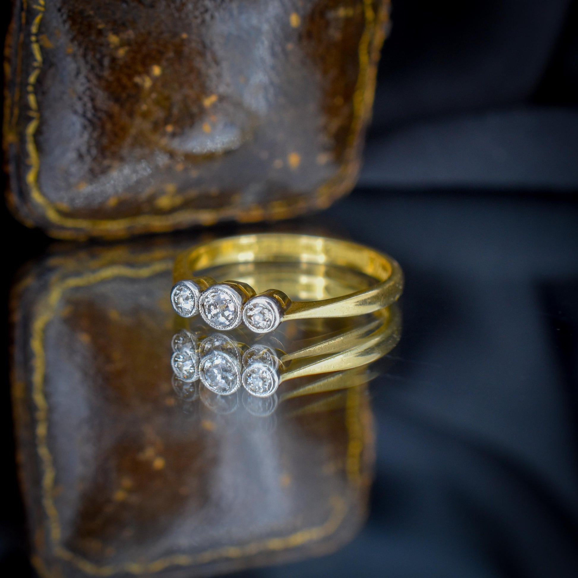 Antique Old Cut Diamond Bezel Set Three Stone 18ct Yellow Gold Ring