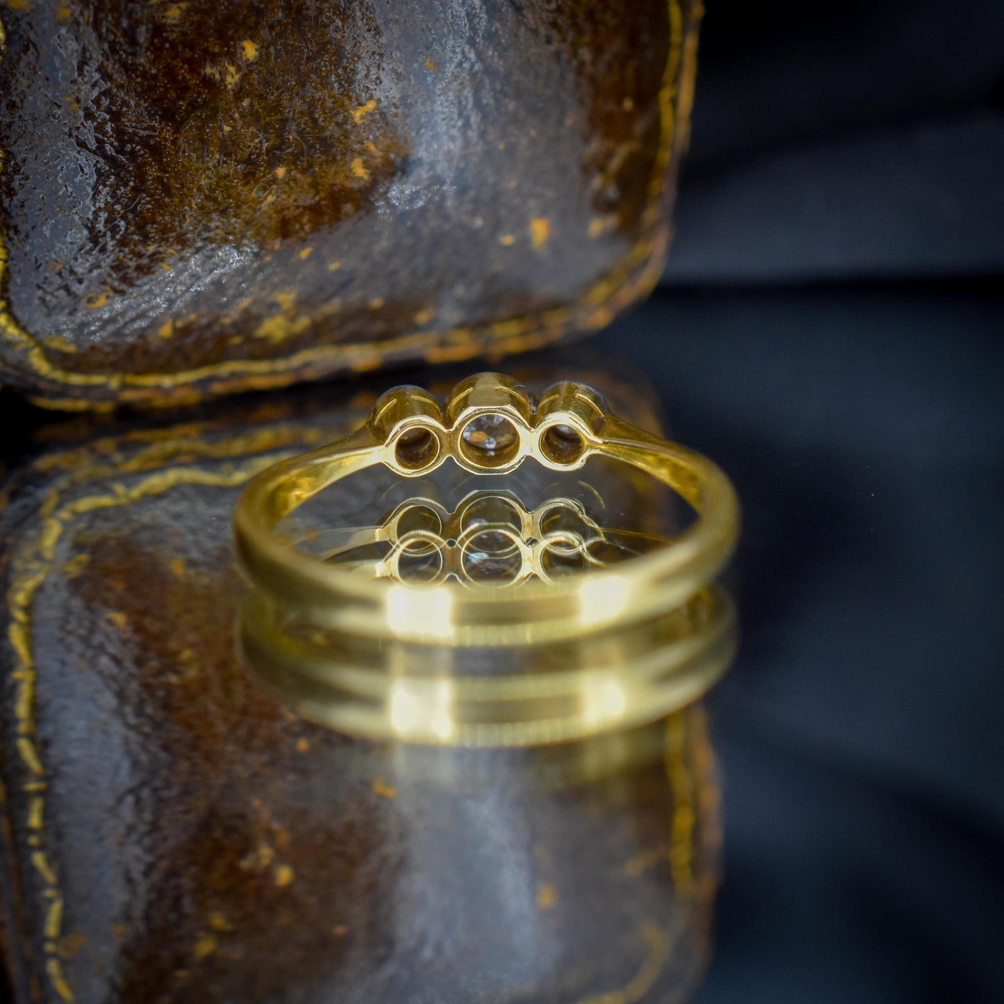 Antique Old Cut Diamond Bezel Set Three Stone 18ct Yellow Gold Ring