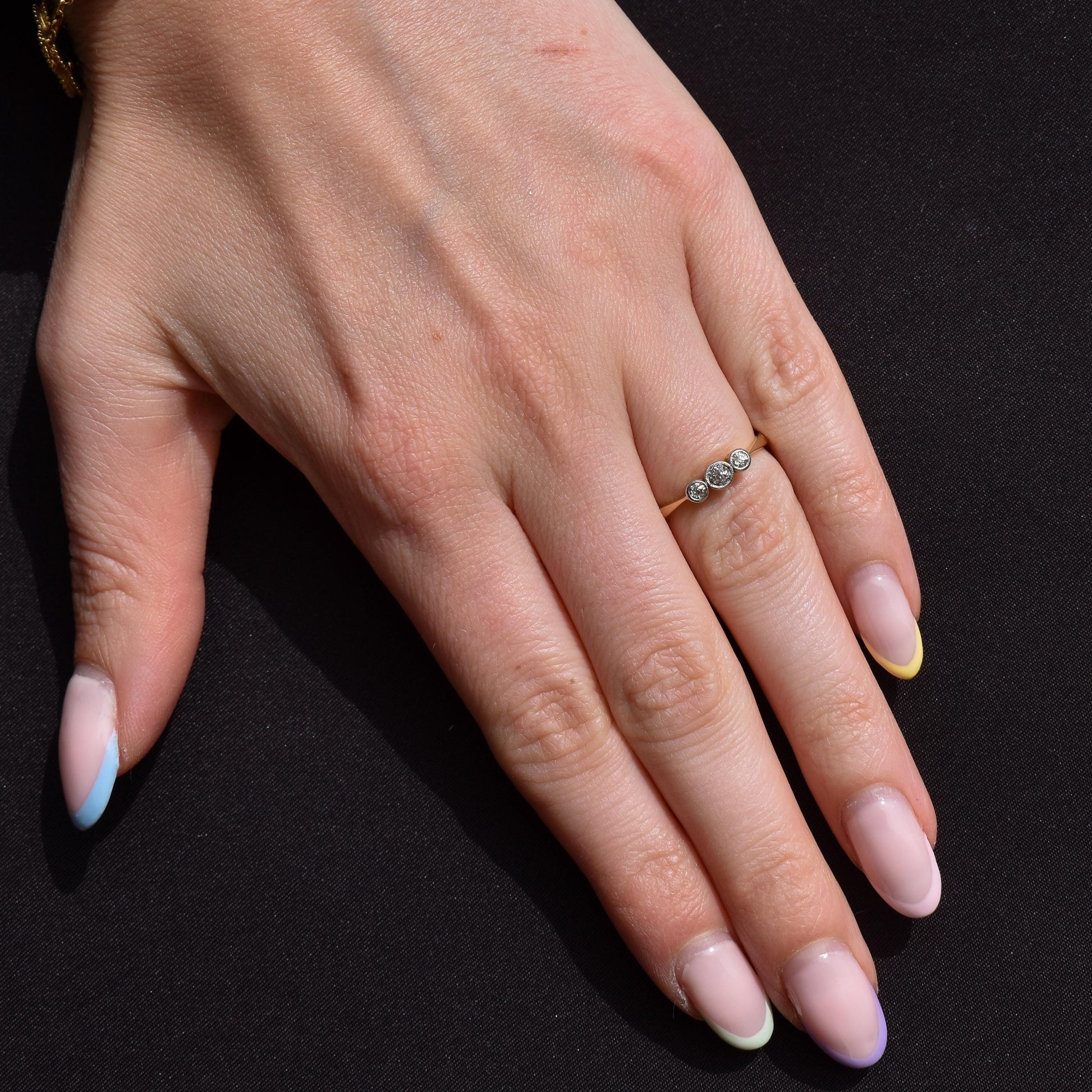 Antique Old Cut Diamond Bezel Set Three Stone 18ct Yellow Gold Ring